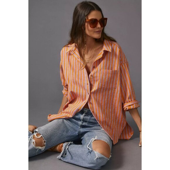PILCRO Oxford Tunic Orange Pink Striped Cotton Linen Button Down Shirt, Size XS - Picture 1 of 16